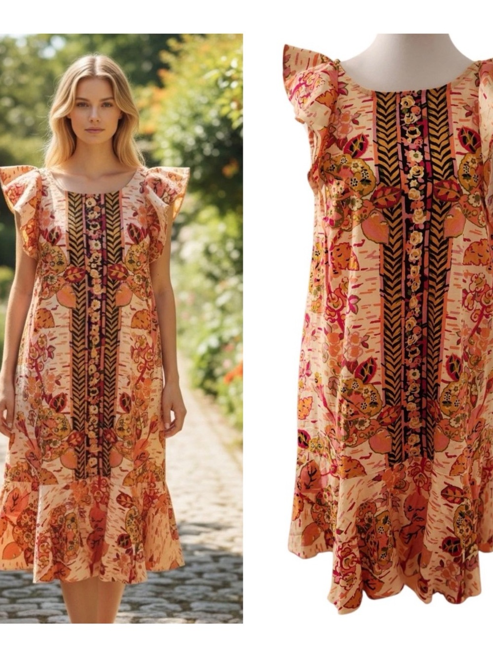 Free People Size Large Floral Flutter-Sleeveless Mini Dress Tunic Top Boho Chic